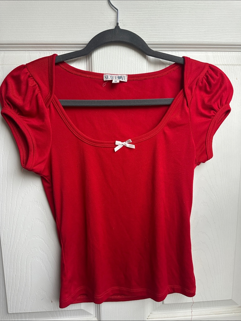 Red Puff-Sleeve Scoop Neck Top